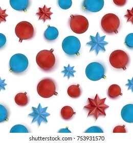 Christmas seamless pattern with red and blue balls on white background. Flat lay, isolated seamless pattern.Top view. Vector Illustration.