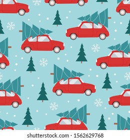 Christmas seamless pattern with red car and Christmas tree on the roof. Vector illustration