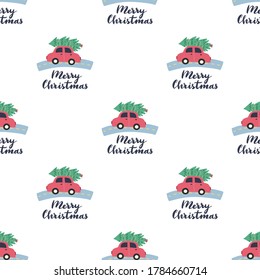 Christmas seamless pattern with red car and Christmas tree on the roof. Vector illustration