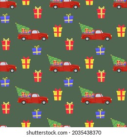 Christmas seamless pattern with red car, Christmas tree, gifts. The illustration is great for wrapping paper and packaging.