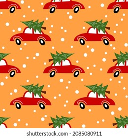 Patrón de Navidad sin fisuras. Un coche rojo lleva un árbol de Navidad. Colorida ilustración vectorial del año nuevo.