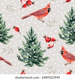 Christmas seamless pattern, red cardinal birds, rosehip berries, green fir trees, twigs, snow, beige background. Vector illustration. Nature design. Season greeting. Winter Xmas holidays