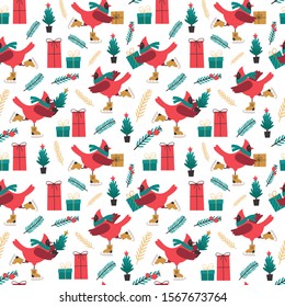 Christmas seamless pattern with red cardinals, gift packs, fir-trees, birds on skates. Vector  illustration. Holiday design for greeting cards, wrapping paper, textile, fabrics, stationery.