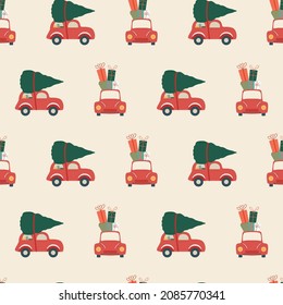 Christmas seamless pattern with red cars. Vector illustration. 