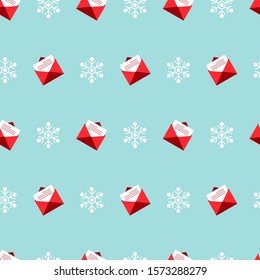 Christmas seamless pattern with red envelopes and snowflakes on blue background. Vector illustration. For web design, wallpaper, wrapping paper, scrapbooking, for printing on clothes, textile, package