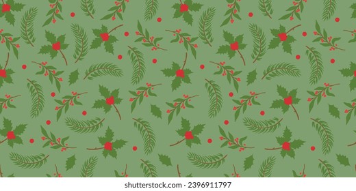 Christmas seamless pattern with red flower and pine branches. Vector pattern for Christmas, holiday design, textiles, postcard.