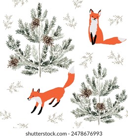 Christmas seamless pattern, red fox animals, pine trees, cones, twigs, white background. Vector illustration. Nature design. Season greeting. Winter Xmas holidays