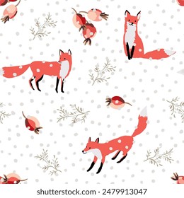 Christmas seamless pattern, red fox animals, rosehip berries, twigs, snow, white background. Vector illustration. Nature design. Season greeting. Winter Xmas holidays