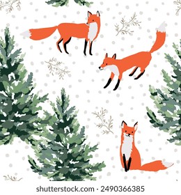 Christmas seamless pattern, red fox animals, fir trees, twigs, snow, white background. Vector illustration. Nature design. Season greeting. Winter Xmas holidays