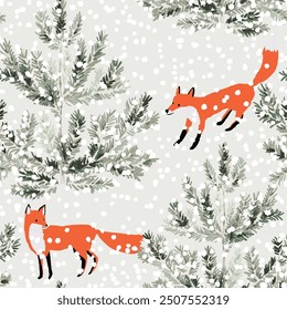 Christmas seamless pattern, red fox animals, pine trees, snow, light gray background. Vector illustration. Nature design. Season greeting. Winter Xmas holidays