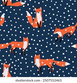 Christmas seamless pattern, red fox animals, snow, black night background. Vector illustration. Nature design. Season greeting. Winter Xmas holidays