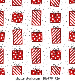 Christmas seamless pattern with red gift boxes on a white background. Repeating holiday pattern
