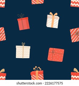 Christmas seamless pattern with red gift boxes. Wrapping paper, textile, greeting cards for holidays. Vector illustration