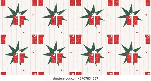 Navidades sin patrón con cajas de regalo rojas y decoraciones festivas. Fondo de papel de regalo para cumpleaños, vacaciones y Navidad. Moderna textura de Fondo de pantalla de repetición moderna. Ilustración vectorial