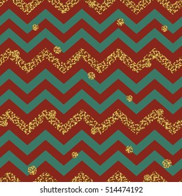 Christmas Seamless pattern. Red, Gold and Green. Glittering golden surface.  Template for Greeting Scrapbooking, Congratulations, Invitations, Packaging.