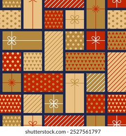 Christmas seamless pattern with red and golden gift boxes. Flat style. Template for winter holidays design. Vector illustration