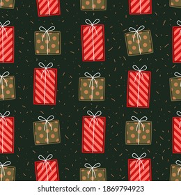 Patrón de Navidad sin fisuras con cajas de regalo rojas y verdes. Patrón de vacaciones repetidas