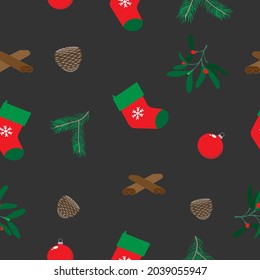 Christmas seamless pattern with red, green and brown xmas elements on dark background
