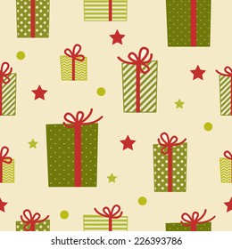 Christmas seamless pattern. Red, green and cream colors. Illustrations of gift boxes and stars.