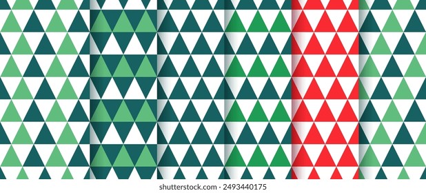 Navidades patrón sin fisuras. Fondo verde rojo con triángulos. Papel de envoltura de año Nuevo de Navidad. Textura de Festiva. Coloca huellas festivas. Ilustración vectorial. Telón de fondo geométrico de colección