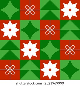 Christmas seamless pattern with red, green and white geometric elements. Flat style. Template for winter holidays design. Vector illustration