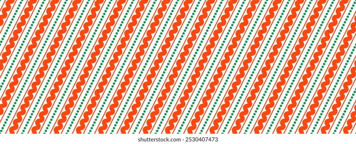 Christmas seamless pattern. Red green diagonal wave stripe background. Candy cane repeat decoration wallpaper. Winter holiday gift backdrop. Christmas peppermint present wrap paper print. Vector