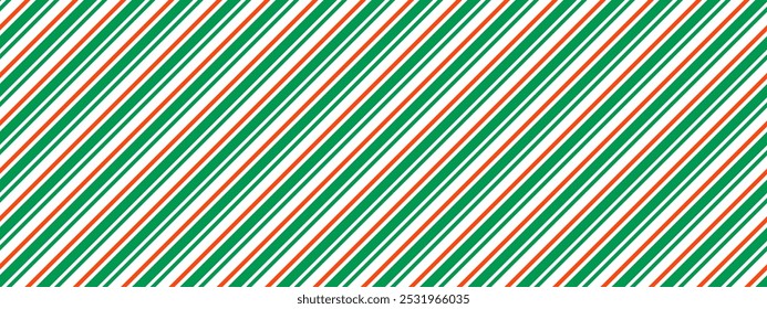 Christmas seamless pattern. Red green diagonal stripe background. Candy cane repeating decoration wallpaper. Winter holiday gift backdrop. Christmas peppermint present wrapping paper. Vector