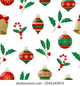christmas seamless pattern red and green Christmas ornaments, holly, candy canes, and bells create a festive holiday scene. Ideas for Christmas Themed designs.