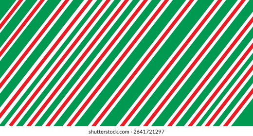 Christmas seamless pattern. Red and green diagonal stripes background. Candy cane repeating decoration wallpaper. Winter holiday lines backdrop. Xmas peppermint present wrapping print design. 