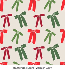 Natal padrão sem emenda com vermelho e verde mão desenhada fita e arco. Design de férias vintage moderno para impressão Xmas, tecido, papel de parede ou papel de embrulho. Ilustração vetorial