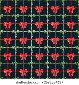 Christmas seamless pattern red green striped ribbon bow checkered background candy cane grid textile