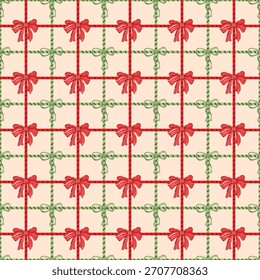 Christmas seamless pattern red green striped ribbon bow checkered background candy cane grid textile