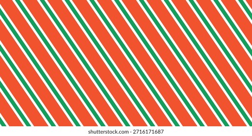 Navidades sin patrón. Fondo de rayas diagonales rojas y verdes. Bastón de caramelo que repite el Fondo de pantalla de la decoración. Fondo de líneas de vacaciones de invierno. Diseño de impresión de envoltura de regalo de menta de Navidad.