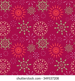 Christmas seamless pattern. Red, green, white snowflakes on magenta background. Winter theme retro texture. Fruit snow. Vector illustration.
