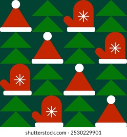 Christmas seamless pattern with red hat, mittens and green triangles. Flat style. Template for winter holidays design. Vector illustration