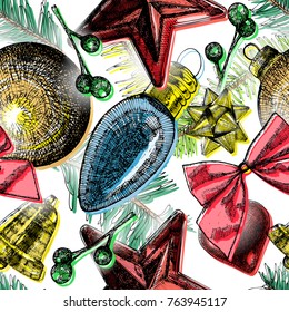 Christmas seamless pattern with red holiday elements and fir trees twigs and pinecones. Hand drawn decorations. Vector.