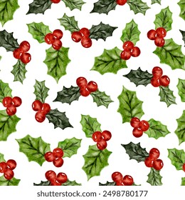 Navidades sin patrón de bayas de acebo rojo y hojas verdes de fondo de Vector de acuarela 