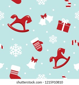 Christmas seamless pattern with red horses, mittens and snowflakes. vector