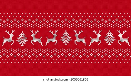 Christmas seamless pattern. Red knit print with deers and trees. Knitted sweater background. Xmas geometric texture. Holiday fair isle traditional ornament. Festive border. Vector illustration