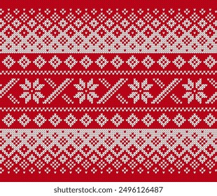 Navidades sin patrón. Adorno geométrico de punto rojo. Textura de suéter de punto de invierno de Navidad. Fondo tradicional de la isla de la feria de Festiva. Ganchillo festivo. Ilustración vectorial