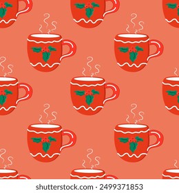 Christmas Seamless Pattern with red mug Hand drawn pattern. Christmas texture for print, wrapping paper, design, fabric, decor, gift.Isolated on pink