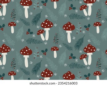 Christmas seamless pattern with red mushrooms, pine branches, holly leaves, and snowflakes on green background — whimsical winter woodland design for wrapping paper, fabric, and holiday decor