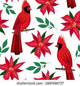 Christmas seamless pattern with red Northern cardinal birds and poinsettia flower. Christmas symbol  Redbird. Background for wallpaper, wrapping paper, textile. Vector illustration isolated on white.