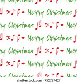 Christmas seamless pattern with red notes, green phrase Merry Christmas on white. New Year background for wallpaper, fabric, textile, packaging, template, banner, print. Winter vector illustration
