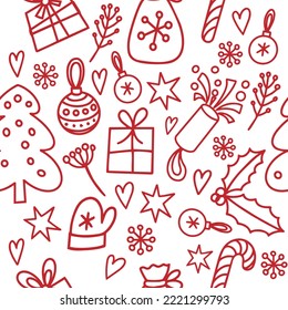 Christmas seamless pattern, red on a white background, the elements are hand-drawn in the style of doodle. Gifts, snowflakes, Christmas decorations