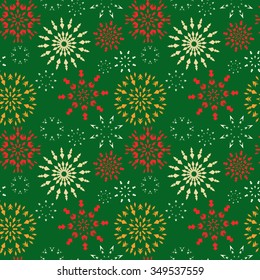 Christmas seamless pattern. Red, orange, white snowflakes on  green background. Winter theme retro texture. Snow-covered fir tree. Vector illustration.