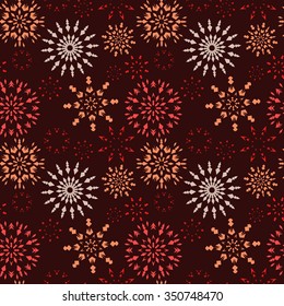 Christmas seamless pattern. Red, orange snowflakes on dark brown background. Winter theme retro texture. Chocolate theme. Vector illustration.