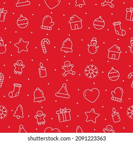 Weihnachtsnahtloses Muster. rote Weihnachtsmütze. Vektorgrafik-Spielzeug mit weißer Linie einzeln auf rotem Hintergrund.