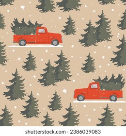 Christmas seamless pattern with red pickup truck with Christmas tree in pine tree forest. Winter print with hand drawn vintage car and holiday snowy tree on beige background. Vector illustration.