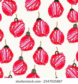 Navidades sin patrón con rojo, juguetes de árbol rosa. Fondo con estilo. Elemento de diseño de Vector de repetición para impresión